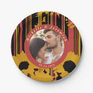 Sunflower Sunset Coral Gold Modern Wedding Photo Paper Plate