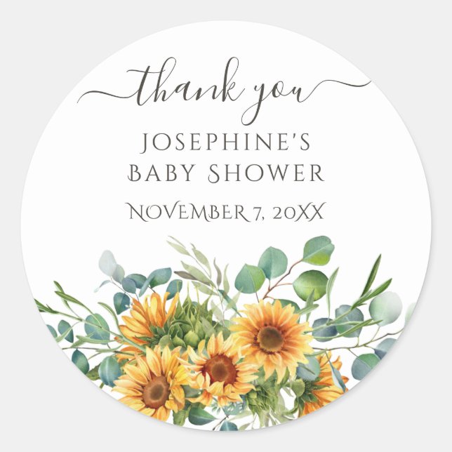 Sunflower Sunshine Fall Baby Shower Gift Favour Ta Classic Round Sticker (Front)