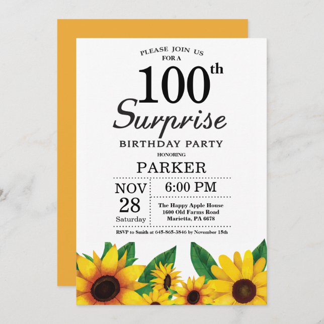 Sunflower Surprise 100e anniversaire Invitation (Devant / Derrière)