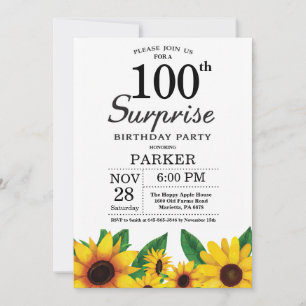 Sunflower Surprise 100th Birthday Invitation