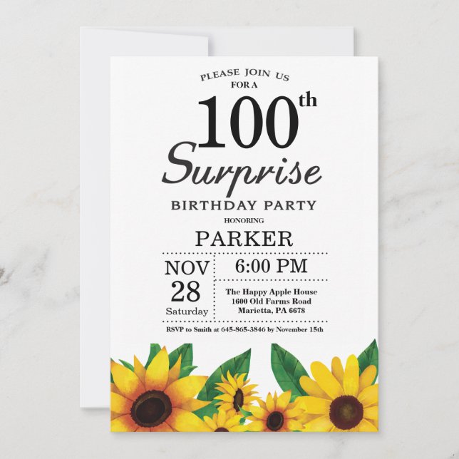 Sunflower Surprise 100th Birthday Invitation (Front)