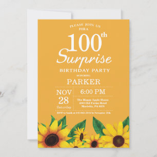 Sunflower Surprise 100th Birthday Invitation