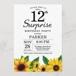 Sunflower Surprise 12th Birthday Invitation