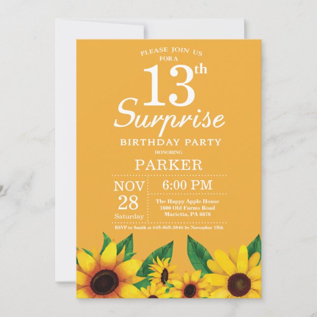 Sunflower Surprise 13e anniversaire Invitation (Devant)