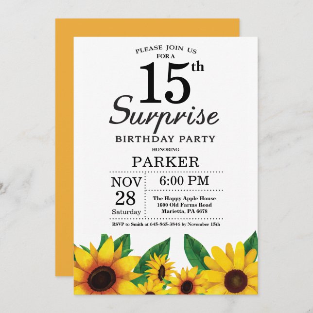 Sunflower Surprise 15e anniversaire Invitation (Devant / Derrière)