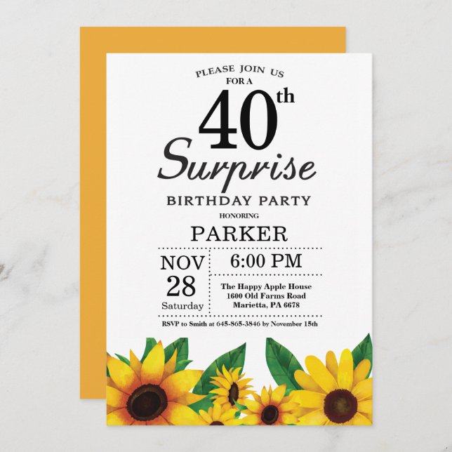 Sunflower Surprise 40e anniversaire Invitation (Devant / Derrière)