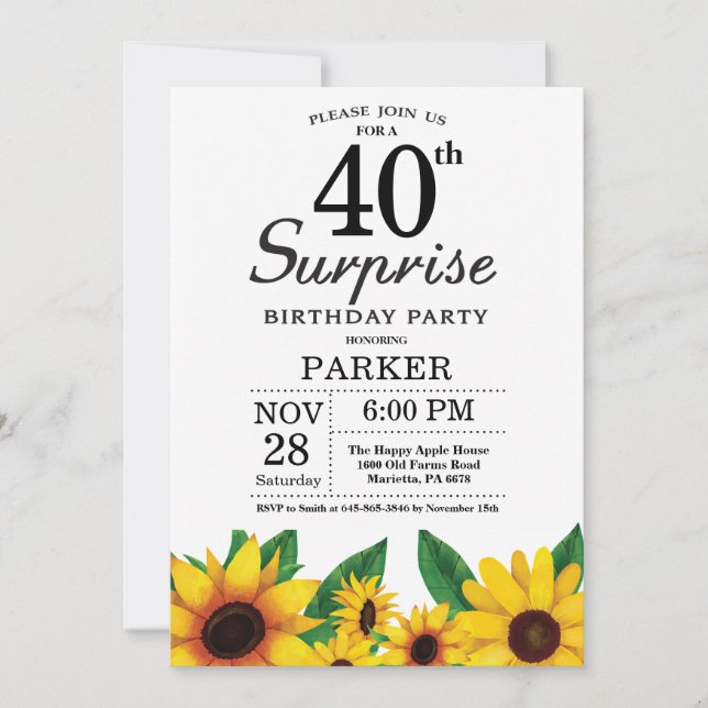 Sunflower Surprise 40th Birthday Invitation (Front)