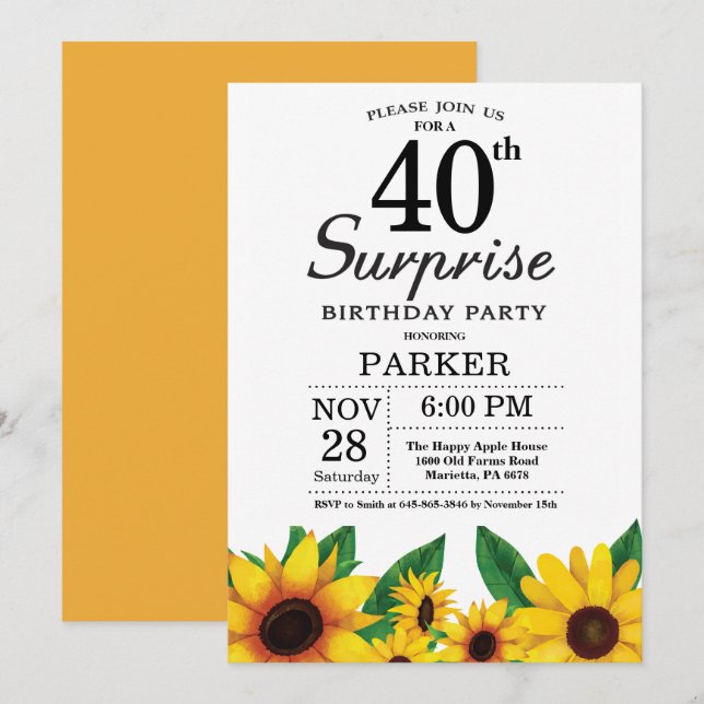 Sunflower Surprise 40th Birthday Invitation (Front/Back)