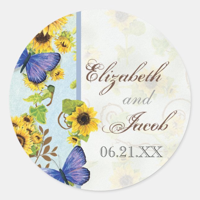Sunflower Swirl Floral Frame Blue Butterfly Invite Classic Round Sticker (Front)