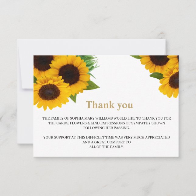 Sunflower Sympathy Funeral Thank You Note Card (Front)