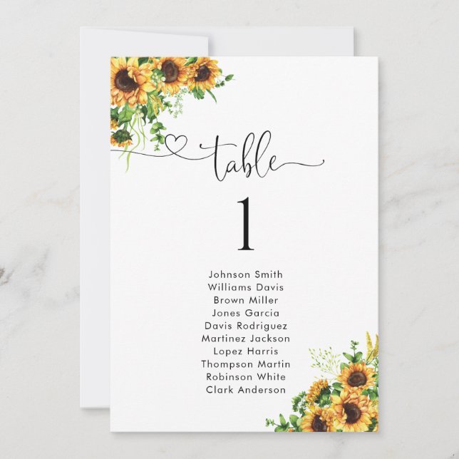 Sunflower Table Number Seating Chart (Front)