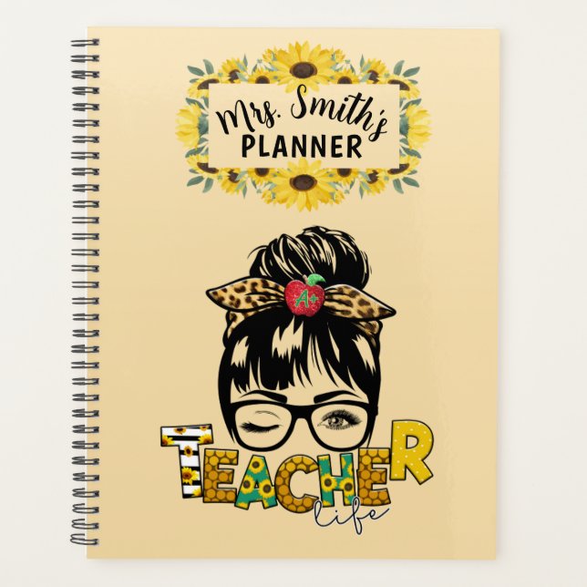 Sunflower Teacher Animal Print Honeycomb Planner (Front)