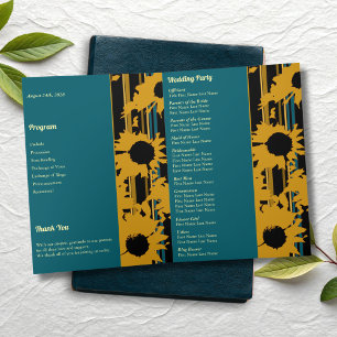 Sunflower Teal Blue Gold Modern Folded Wedding  Program