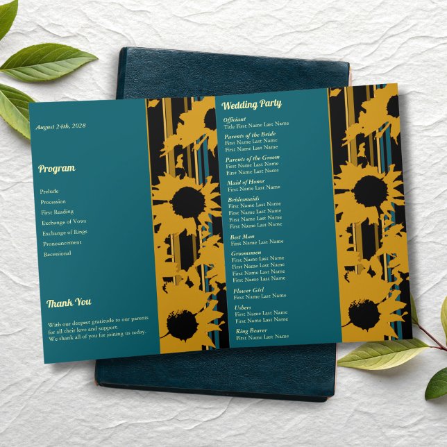 Sunflower Teal Blue Gold Modern Folded Wedding  Program (Creator Uploaded)