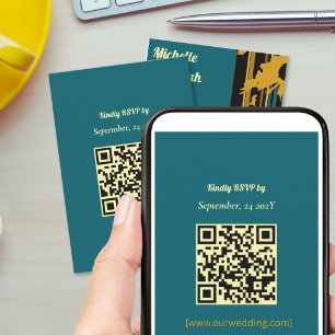 Sunflower Teal Blue Gold Modern QR Code Wedding RSVP Card