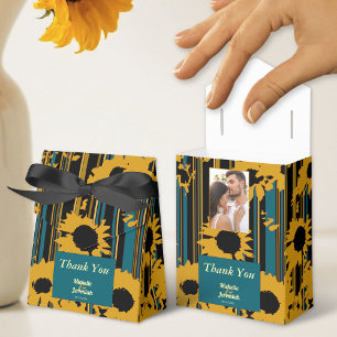 Sunflower Teal Blue Gold Modern Wedding Favor Box