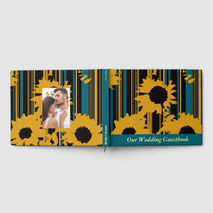 Sunflower Teal Blue Gold Modern Wedding Guest Book
