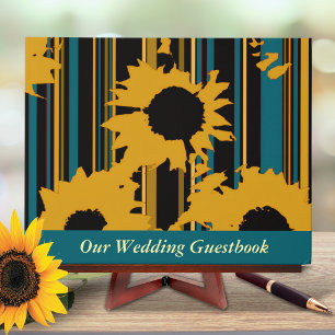Sunflower Teal Blue Gold Modern Wedding Guest Book