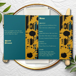 Sunflower Teal Blue Gold Modern Wedding Menu