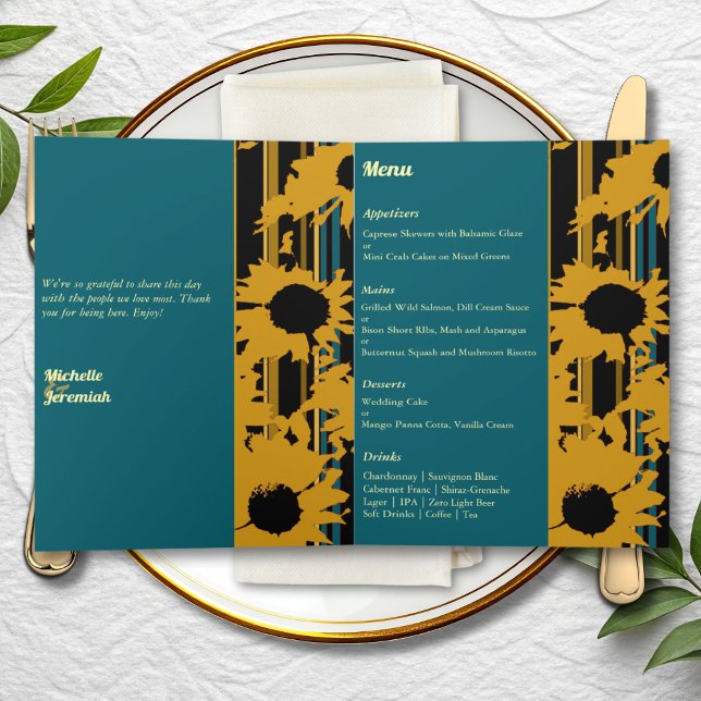 Sunflower Teal Blue Gold Modern Wedding Menu (Créateur téléchargé)