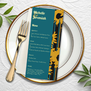 Sunflower Teal Blue Gold Modern Wedding Menu