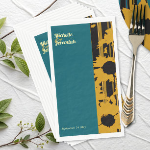 Sunflower Teal Blue Gold Modern Wedding Napkin