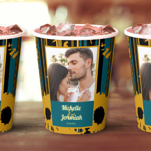 Sunflower Teal Blue Gold Modern Wedding Paper Cups