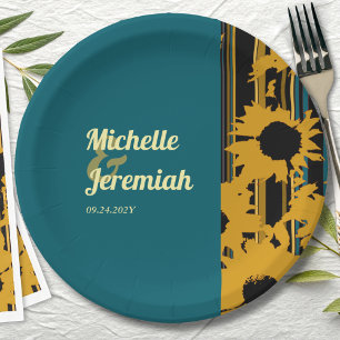 Sunflower Teal Blue Gold Modern Wedding Paper Plate
