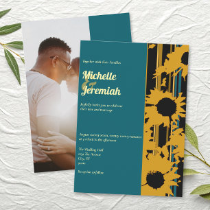Sunflower Teal Blue Gold Modern Wedding Photo Invitation