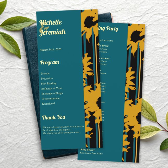 Sunflower Teal Blue Gold Modern Wedding Program (Creator Uploaded)