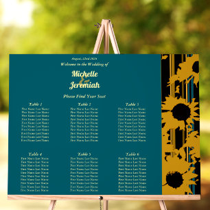 Sunflower Teal Blue Gold Modern Wedding Seat Chart