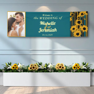 Sunflower Teal Blue Gold Modern Welcome Wedding Banner