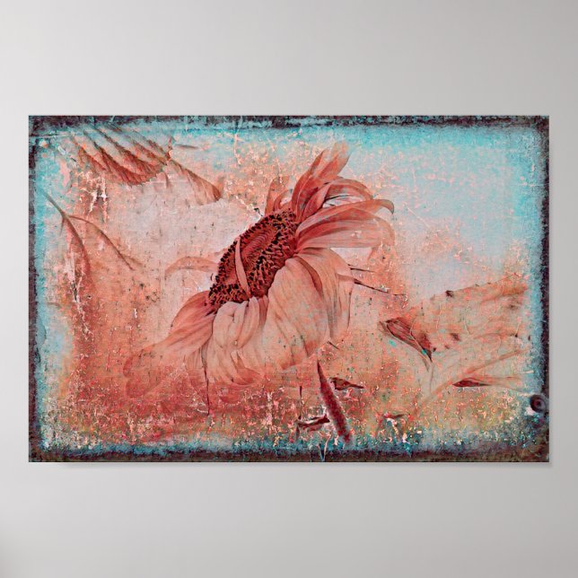 Sunflower Teal Brown Sepia Vintage Antique Texture Poster (Front)