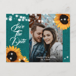 Sunflower Teal Burlap Wedding Photo Save The Date Announcement Postcard