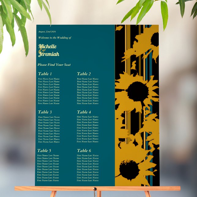 Sunflower Teal Gold Vertical Wedding Seating Chart (Creator Uploaded)