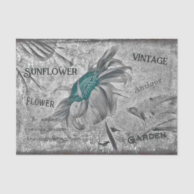 Sunflower Teal Grey Vintage Ephemera Texture Tissue Paper (Front)