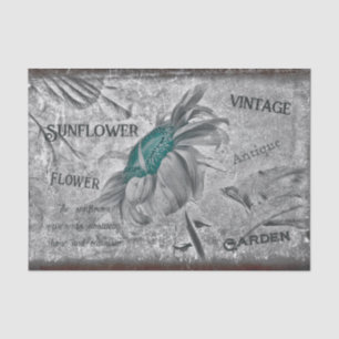 Sunflower Teal Grey Vintage Ephemera Texture Tissue Paper