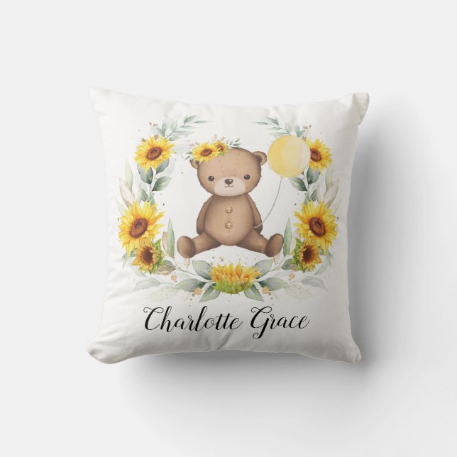 Sunflower Teddy Bear with Yellow Balloon Nursery Throw Pillow (Front)