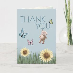 Sunflower Teddy Blue Baby Thank You Folded Card