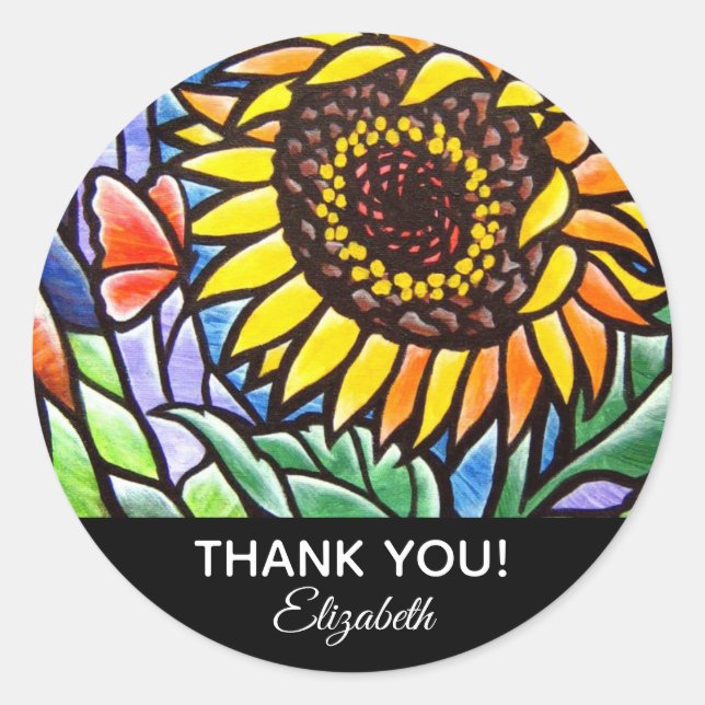 Sunflower Thank You Stained Glass Personalized Art Classic Round Sticker (Front)