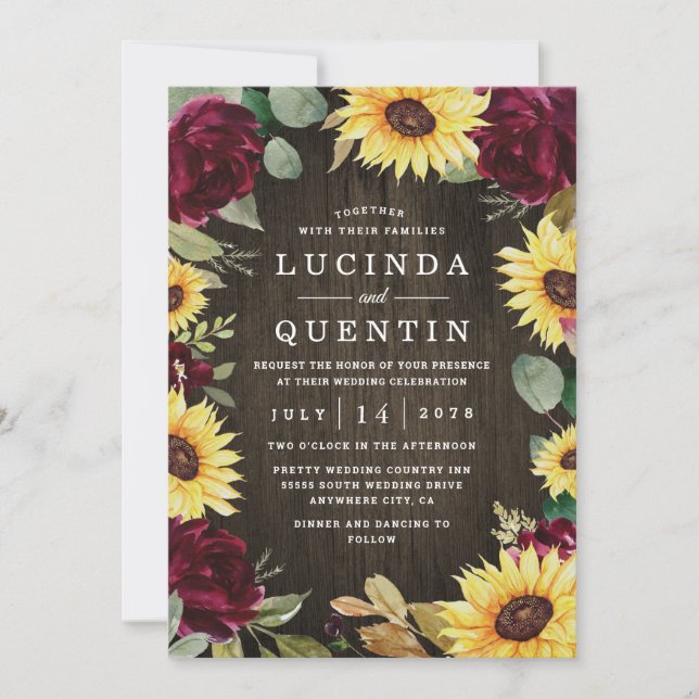 Sunflower Themed and Burgundy Red Rose Wedding Invitation (Front)