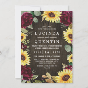 Sunflower Themed and Burgundy Red Rose Wedding Invitation