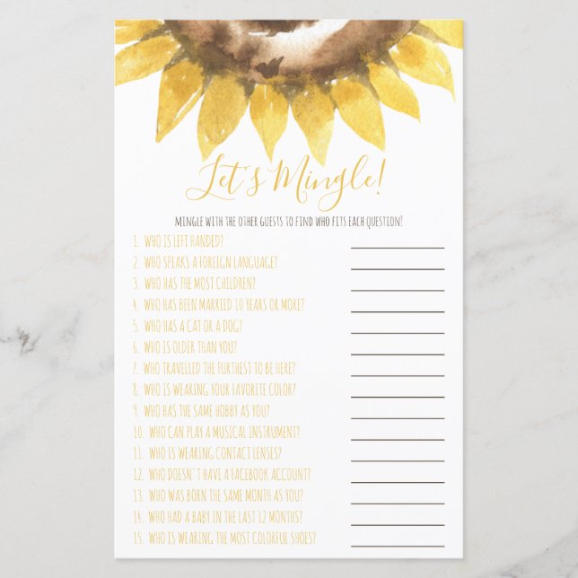 Sunflower Themed Let's Mingle Shower Game (Front)