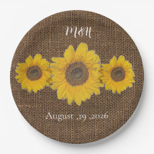 sunflower trio in burlap look - rustic wedding paper plate