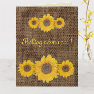Sunflower trio in burlap- name day card