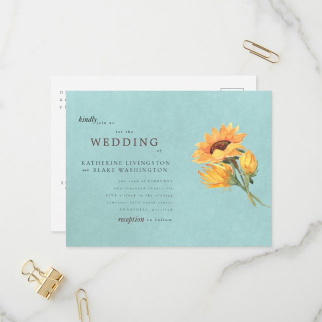 Sunflower Turquoise Budget Wedding Invitation Postcard (Front/Back In Situ)