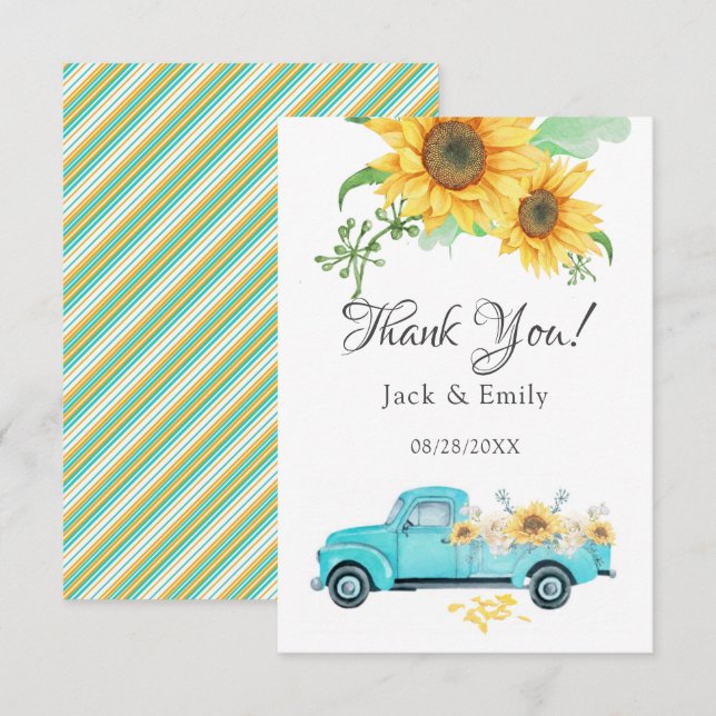 Sunflower Turquoise Vintage Truck Thank You Card (Front/Back)