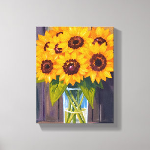 Sunflower Vase Yellow Flower Bouquet Watercolor Canvas Print