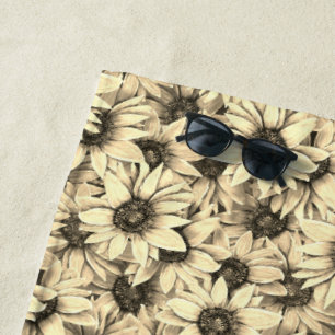 Sunflower Vintage Charm Sepia Tone Beach Towel