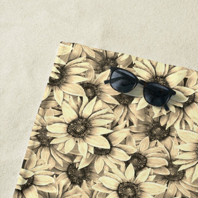 Sunflower Vintage Charm Sepia Tone Beach Towel (In Situ)